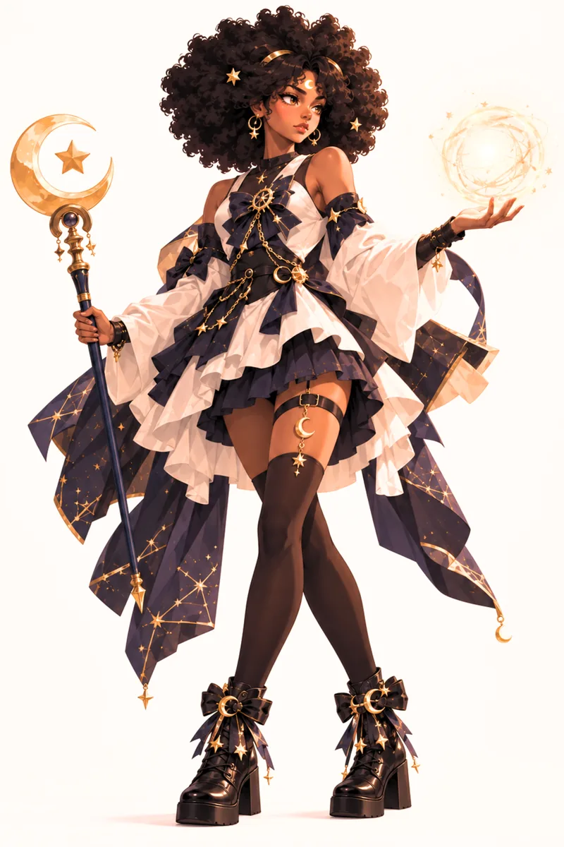 Celestial Staff: a heroine with an afro, a crescent-moon staff and glowing star magic