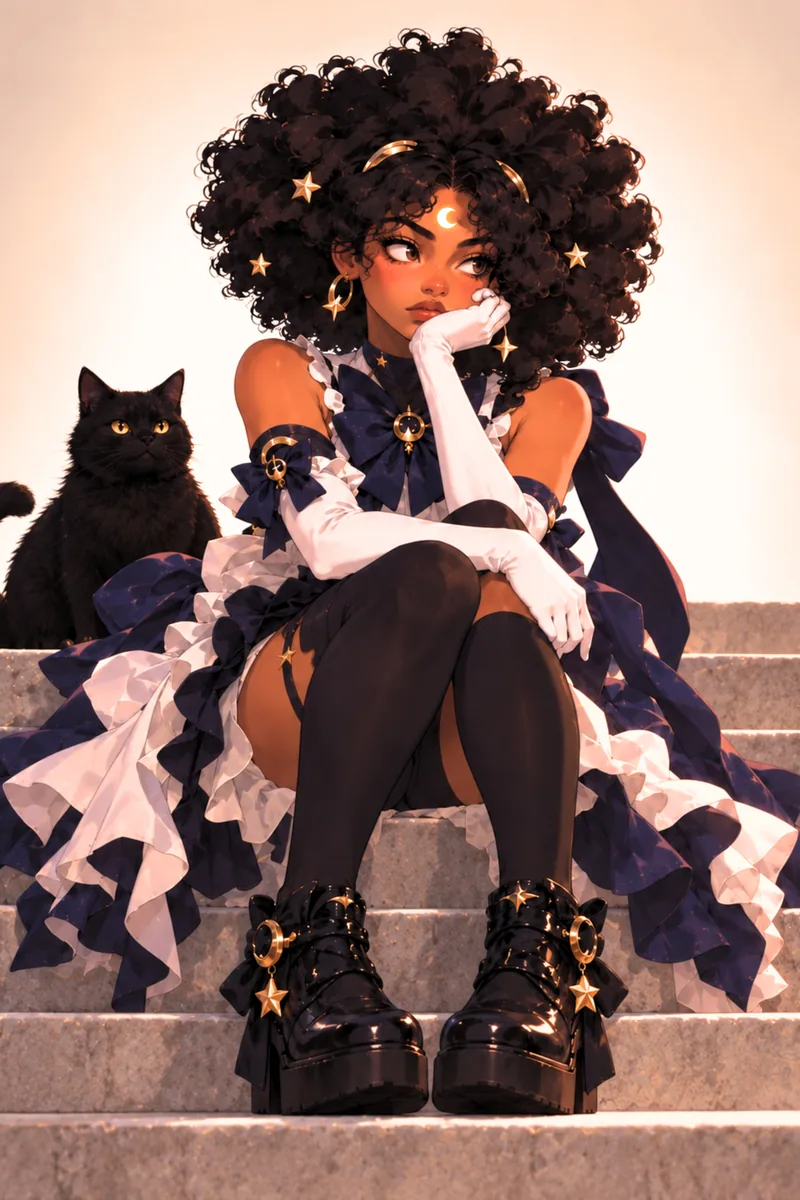 Moonlit Steps: the celestial heroine seated on steps beside a black cat